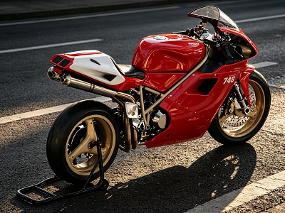 Red Sport Motorcycle With Golden Wheels White Seat And Streamlined Design On Road 3d model