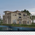 Elegant Two Story Detached Villa with Balcony Garage and Garden Surrounded by Trees and Pond
