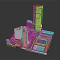 Cartoon City Scene With Tall Buildings Roads Plaza And Water Pool