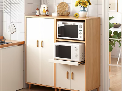 Modern Wooden Sideboard Cabinet With White Doors Gold Handles Microwave Oven And Flower Vase 3d model