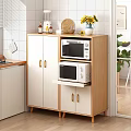 Modern Wooden Sideboard Cabinet With White Doors Gold Handles Microwave Oven And Flower Vase