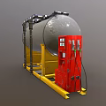Gray Industrial Storage Tank With Black Pipes On Yellow Frame And Red Control Cabinet