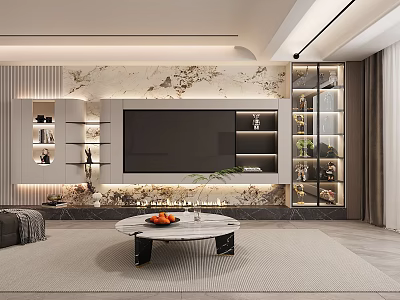 Modern Living Room Interior Design With Marble Wall TV Display Shelves And Coffee Table 3d model