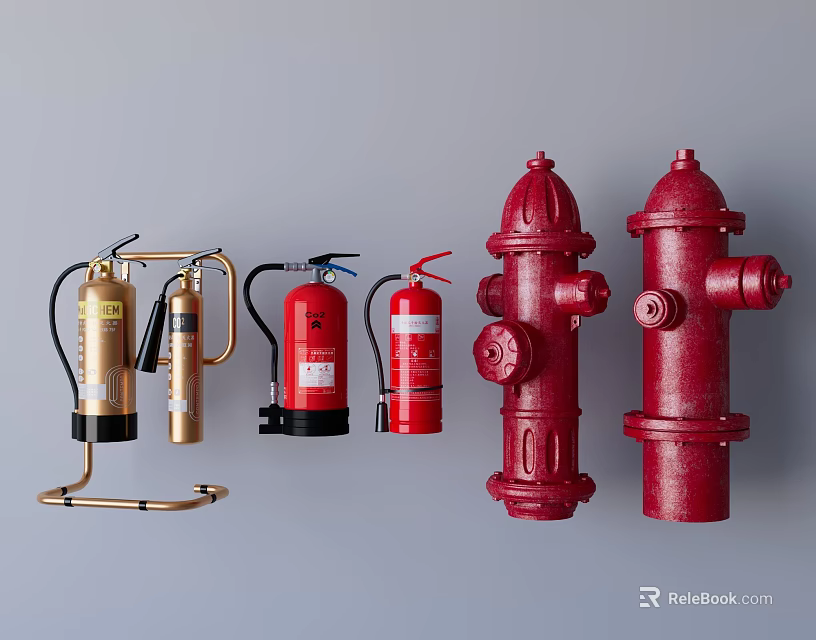 Essential Fire Safety Equipment With Various Fire Extinguishers And Fire Hydrants 3d model