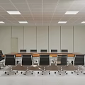 Modern Conference Room Interior With Large Table Black Chairs City View Screen And Ceiling Lights