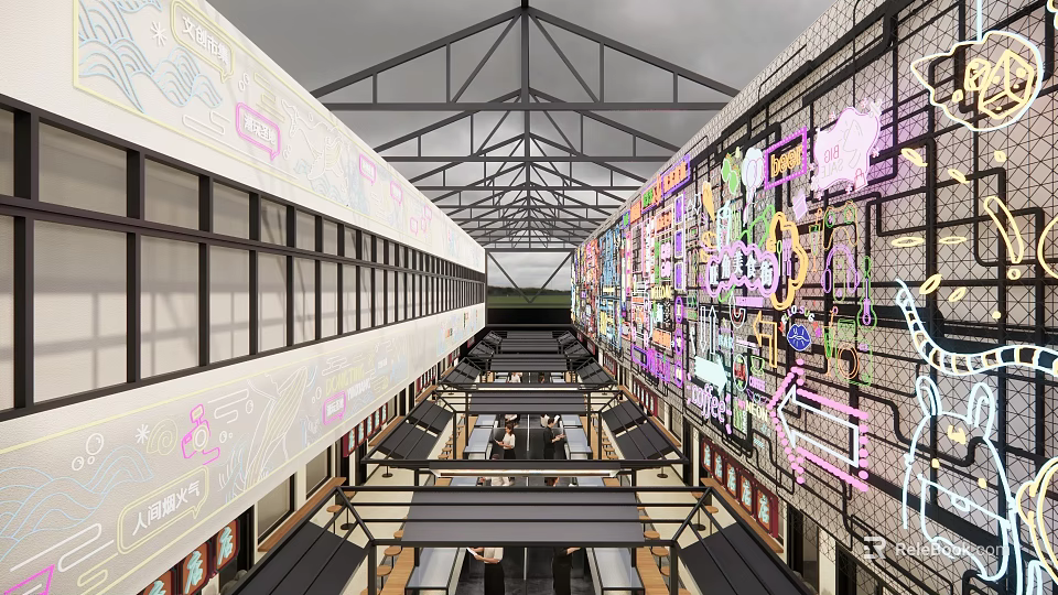 Vibrant Indoor Corridor Space With Colorful Murals And Metal Roof Structure 3d model 