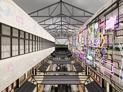 Vibrant Indoor Corridor Space With Colorful Murals And Metal Roof Structure 3d model