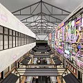 Vibrant Indoor Corridor Space With Colorful Murals And Metal Roof Structure