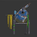 Blue Silver Metal Grill With Grilled Meat And Green Yellow Rope Chairs