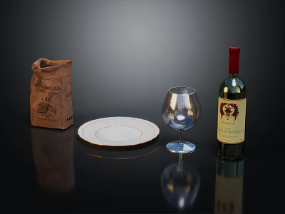 Elegant Wine Bottle and Glass with Brown Paper Bag White Plate on Black Table Surface 3d model
