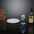 Elegant Wine Bottle and Glass with Brown Paper Bag White Plate on Black Table Surface