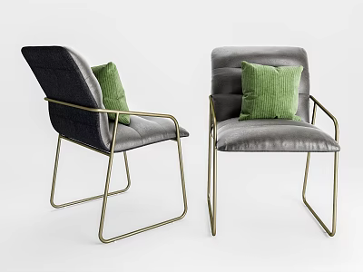 Modern Minimalist Armchairs With Dark And Light Gray Upholstery Green Cushions And Golden Metal Frames 3d model