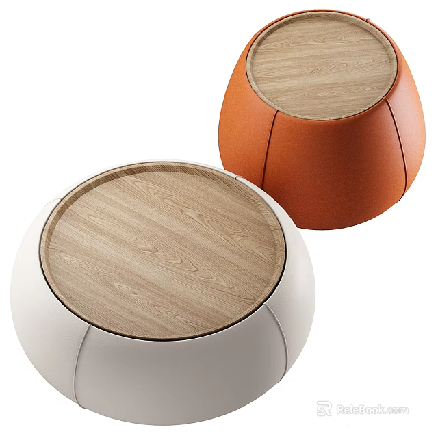 Two Modern Round Coffee Tables With Wooden Tops And White Orange Bases 3d model 
