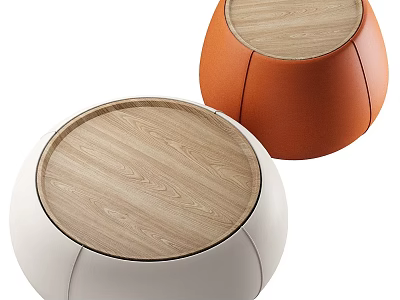 Two Modern Round Coffee Tables With Wooden Tops And White Orange Bases 3d model