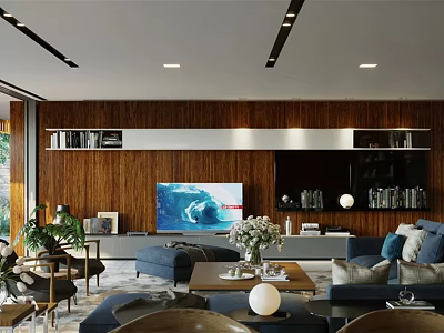 Modern Living Room Interior With Wooden Wall Paneling TV Shelving Sofa And Coffee Table 3d model