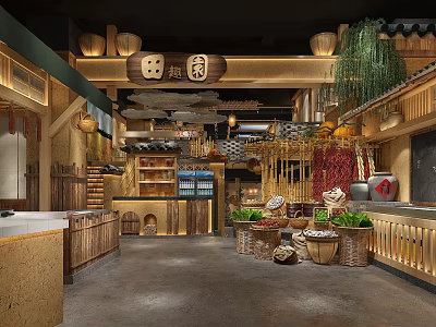 Rustic Countryside Restaurant Interior With Wooden Decor Earthen Pots Hanging Greenery And Fresh Produce 3d model