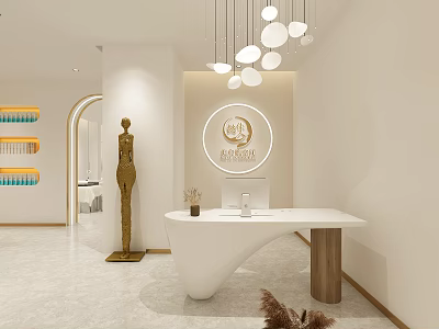 Modern Beauty Hair Salon Interior Featuring Reception Desk Circular Logo Pendant Lights Sculpture Marble Floor 3d model