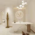 Modern Beauty Hair Salon Interior Featuring Reception Desk Circular Logo Pendant Lights Sculpture Marble Floor