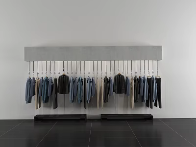 Neatly Hanging Various Color Clothes on Gray Rack White Wall Black Tiled Floor 3d model Neatly Hanging Various Color Clothes on Gray Rack White Wall Black Tiled Floor 3d model
