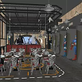 Marvel Heroes Themed Restaurant With Industrial Style Metal Tables Chairs And Hero Statues
