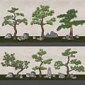 Ornamental Arbor Trees With Stones On Green Grass Against White Wall