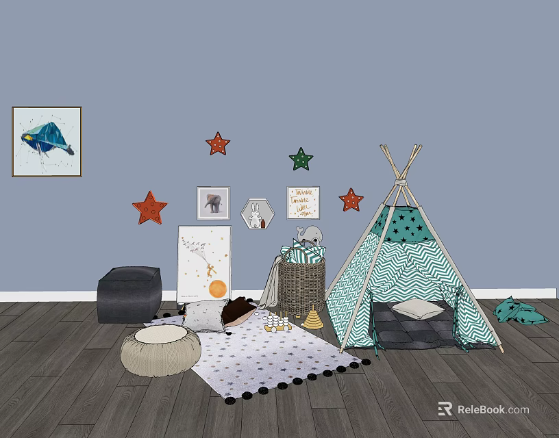 Turquoise Polka Dot Teepee Tent In Kids Room With Stars Decor And Carpet 3d model 