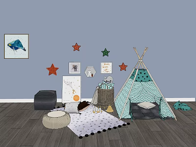 Turquoise Polka Dot Teepee Tent In Kids Room With Stars Decor And Carpet 3d model