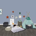 Turquoise Polka Dot Teepee Tent In Kids Room With Stars Decor And Carpet
