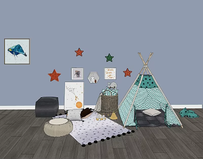 Turquoise Polka Dot Teepee Tent In Kids Room With Stars Decor And Carpet 3d model