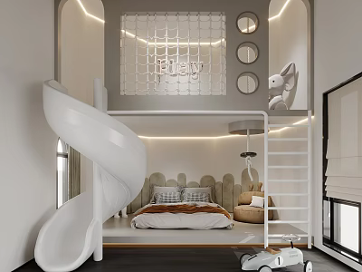 Modern Bright Kids Room Interior With Spiral Slide Bunk Bed Grid Railing And Circular Decorations 3d model