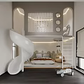 Modern Bright Kids Room Interior With Spiral Slide Bunk Bed Grid Railing And Circular Decorations