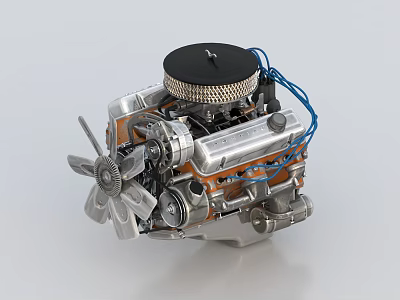 Automotive Engine With Cooling Fan Air Filter Metal Components And Blue Wires 3d model