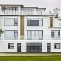 Modern Detached Villa Exterior Design With Large Windows Balcony And Green Lawn