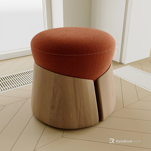 Modern Orange Upholstered Stool With Round Top And Split Wooden Base 3d model