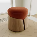 Modern Orange Upholstered Stool With Round Top And Split Wooden Base 3d model