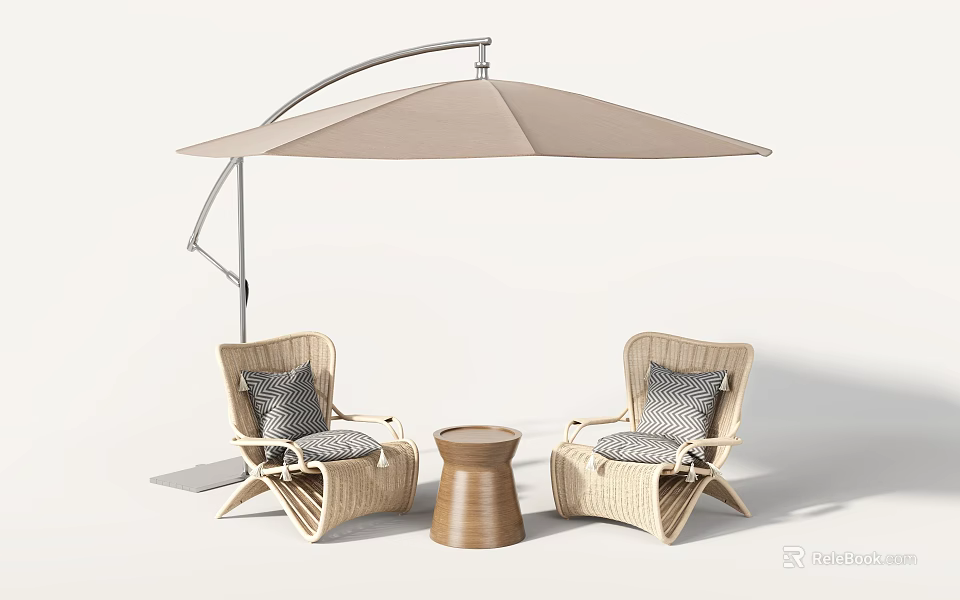 Wooden Small Round Outdoor Table With Wicker Chairs Gray Cushions And Beige Umbrella 3d model 