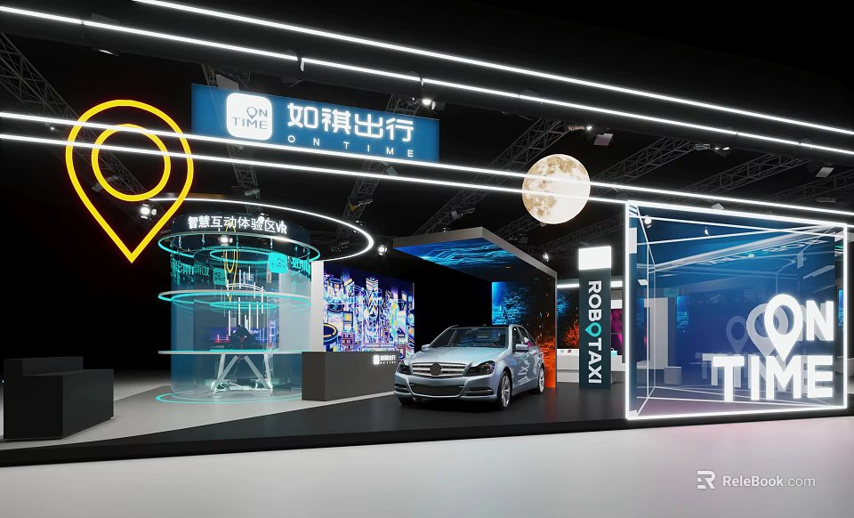Ruchee Travel Smart Mobility Center Exhibition Booth With Car Neon Lights And Moon Decoration 3d model 