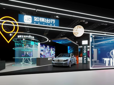 Ruchee Travel Smart Mobility Center Exhibition Booth With Car Neon Lights And Moon Decoration 3d model