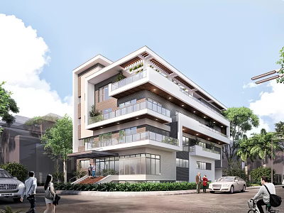 Modern Multi Storey Office Building Featuring Glass Facade Balconies Greenery And Street Scene 3d model