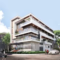 Modern Multi Storey Office Building Featuring Glass Facade Balconies Greenery And Street Scene