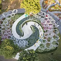 Scenic Park Landscape With Spiral Path Flower Beds Greenery And Circular Decorative Structures