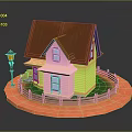 Miniature House Featuring Yellow Pink Walls Brown Roof Street Lamp Wooden Fence and Circular Platform