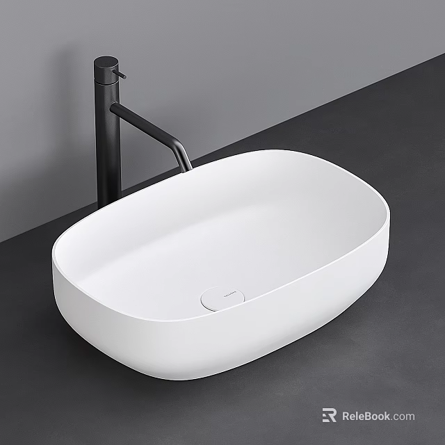 Modern White Oval Shaped Countertop Washbasin with Black Faucet on Dark Surface 3d model 
