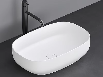 Modern White Oval Shaped Countertop Washbasin with Black Faucet on Dark Surface 3d model