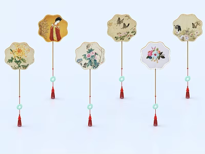 Fan Shaped Decorative Ornament Set With Floral Bird Figure Patterns And Tassel Beads 3d model