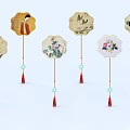 Fan Shaped Decorative Ornament Set With Floral Bird Figure Patterns And Tassel Beads