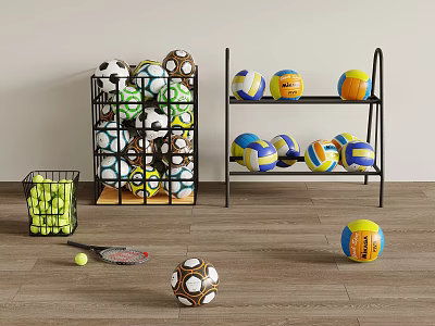 Organized Sports Equipment Storage With Colorful Balls Tennis Racket And Metal Racks On Wooden Floor 3d model