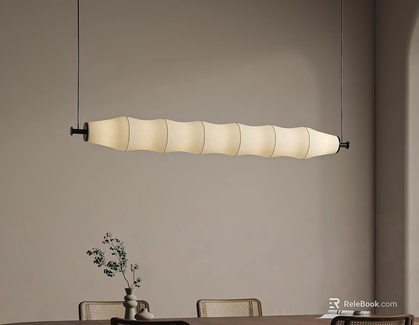Modern Long Pendant Light With Cream Wavy Shade Above Dining Table 3d model