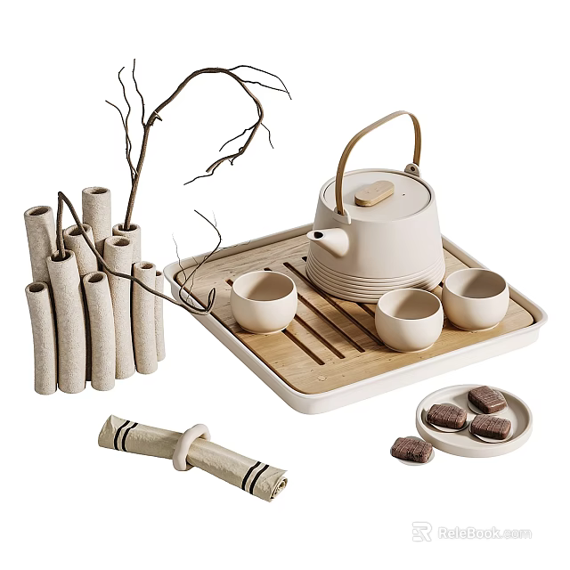 Elegant Ceramic Tea Set With Bamboo Tray Teacups And Tea Snacks 3d model 