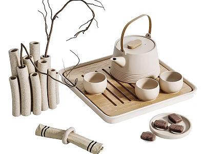 Elegant Ceramic Tea Set With Bamboo Tray Teacups And Tea Snacks 3d model